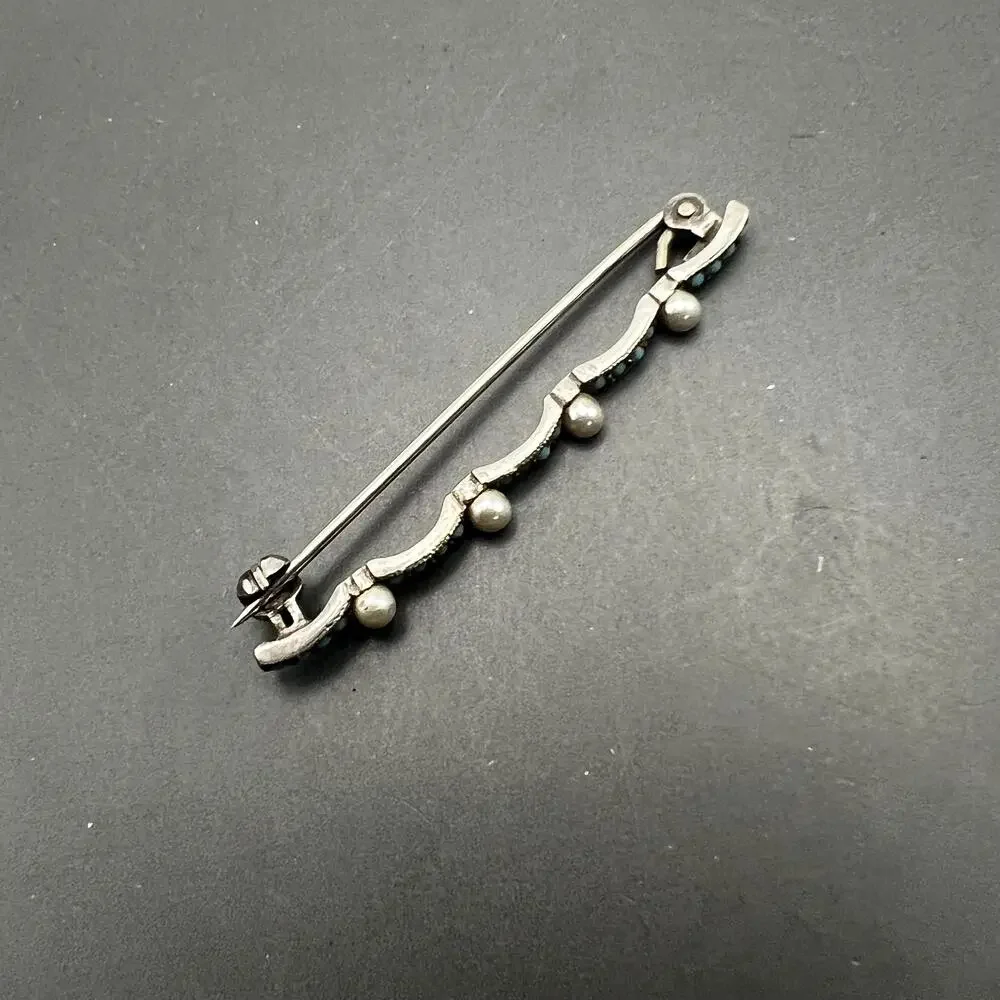 Antique Sterling silver Faux Turquoise and Pearl Bar pin Brooch